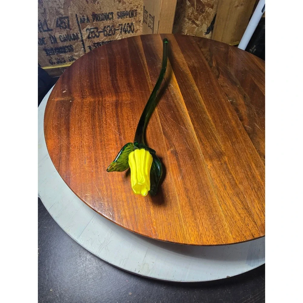 Hand Blown Art Glass Yellow Tulip Flower Long Green Stem Decorative Collectible